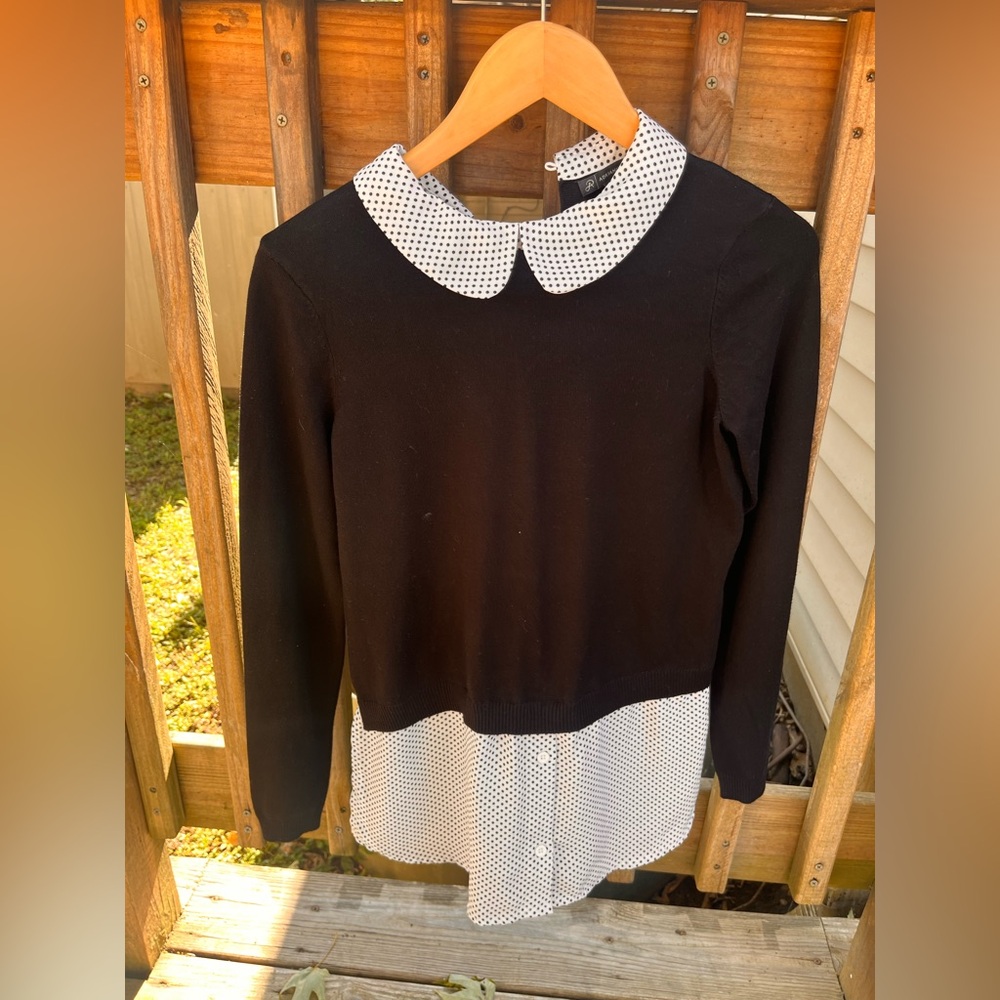 Adrianna Papell Black Sweater with White Polka Dot Collar and Hem